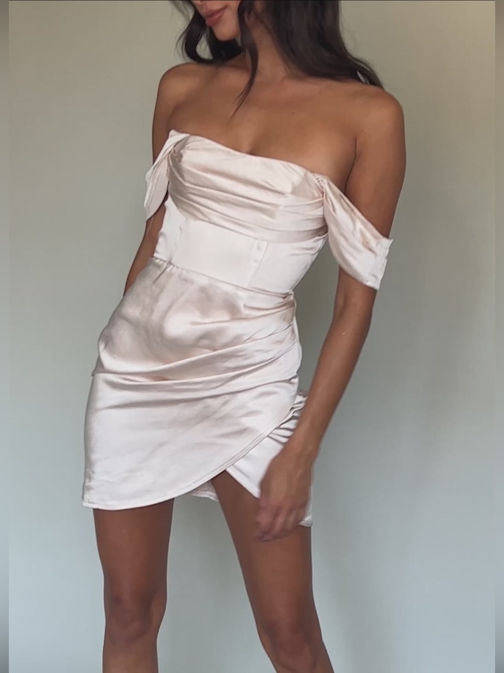 Cream Satin Night To Remember Off-Shoulder Mini Dress Champagne